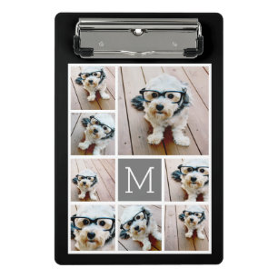 Black and Grey 8 Photo Collage classic monogram Mini Clipboard