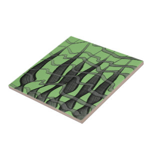 Black And Grey Abstract Feathered Floral Leaves Tile