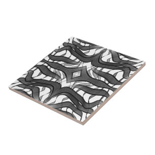 Black And Grey Abstract Feathered Floral Leaves Tile
