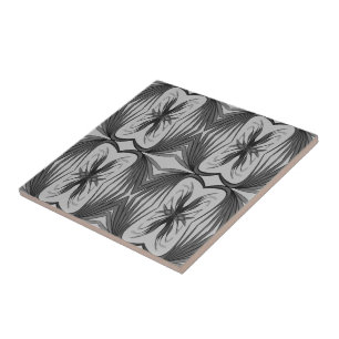 Black And Grey Abstract Mirrored Feathered Leaves  Tile