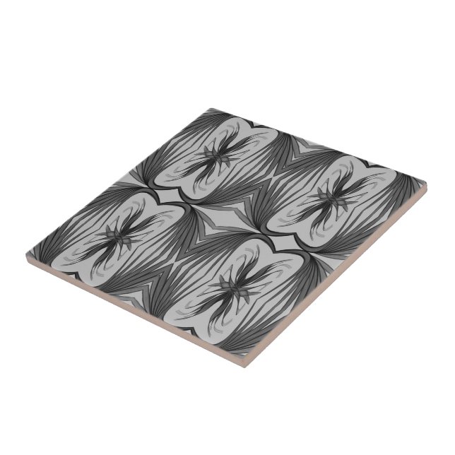 Black And Grey Abstract Mirrored Feathered Leaves  Tile (Side)