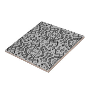 Black And Grey Abstract Mirrored Feathered Leaves  Tile