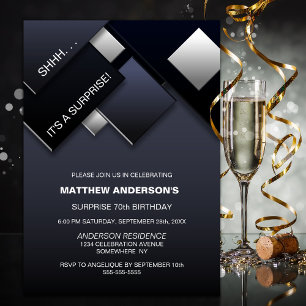 Black and Grey Abstract Surprise 70th Birthday Invitation