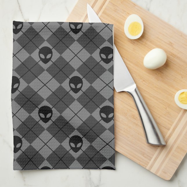 Black and Grey Alien Argyle Pattern Kitchen Towel (Quarter Fold)