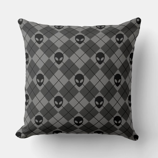 Black and Grey Alien Argyle Pattern Throw Pillow (Front)