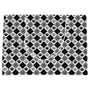 Black and Grey Argyle Paw Print Pattern Large Gift Bag