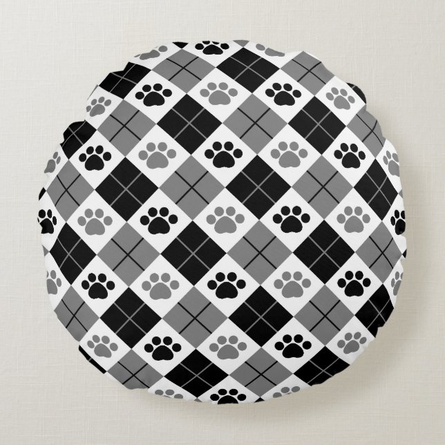 Black and Grey Argyle Paw Print Pattern Round Pillow (Front)