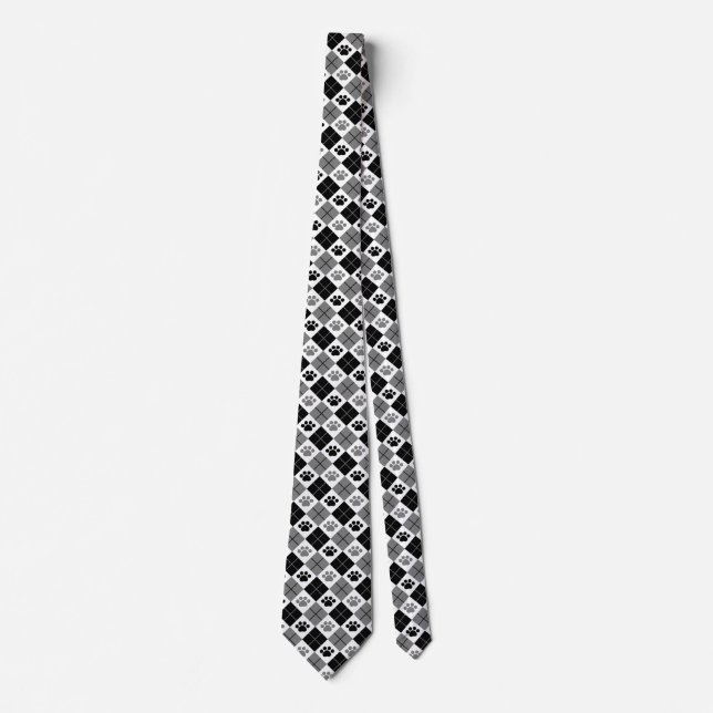 Black and Grey Argyle Paw Print Pattern Tie (Front)