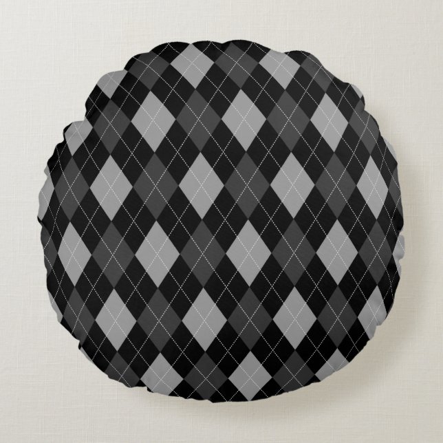 Black and Grey Argyle Round Pillow (Front)