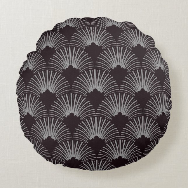 Black and grey art-deco pattern round pillow (Front)