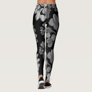 Black and Grey Asymmetric Large Floral Leggings