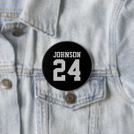 Black and Grey Athlete Name Jersey Number 3 Inch Round Button<br><div class="desc">Cheer on your favourite sports team, football player or just show off your school pride with a custom personalized spirit button! Add your school name or personalize with a player's name and jersey number. Perfect for football, basketball, baseball and soccer games! Create custom pins for the whole team, cheerleaders, parents...</div>