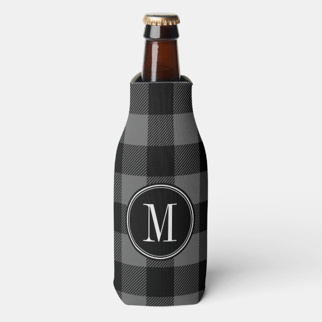 Black and Grey Buffalo Check Monogram Bottle Cooler (Bottle Front)