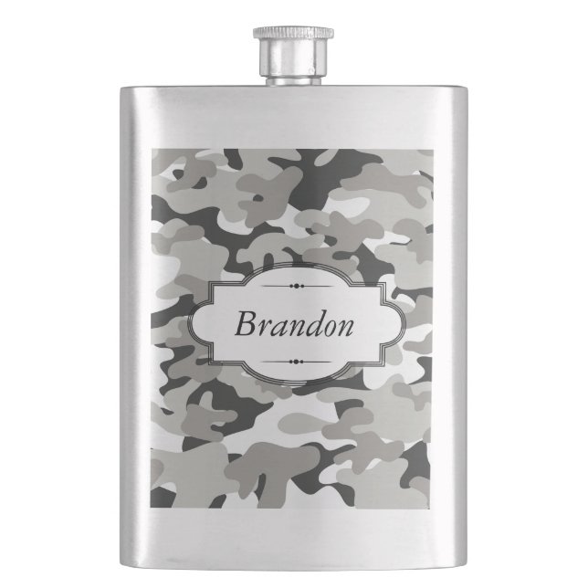 Black and Grey Camo Design Personalized Flask (Front)