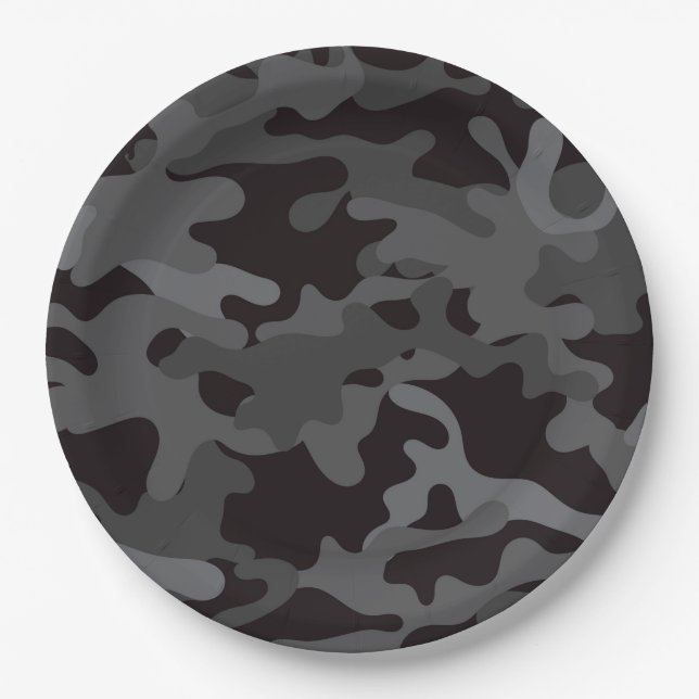Black and Grey Camouflage Paper Plates (Front)