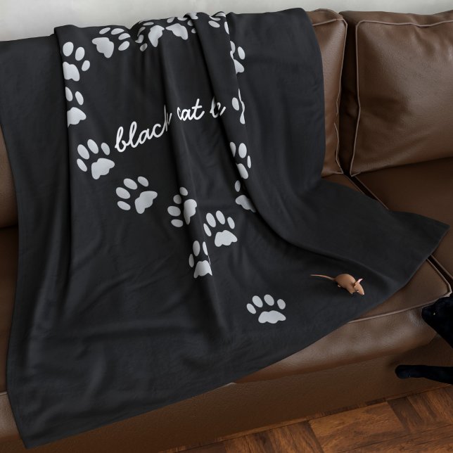 Black and Grey Cat Paw Heart Custom Fleece Blanket (Add your name to this cute  black and grey paw print heart fleece blanket)