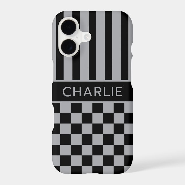 Black and Grey Chequered Striped Personalized (Back)