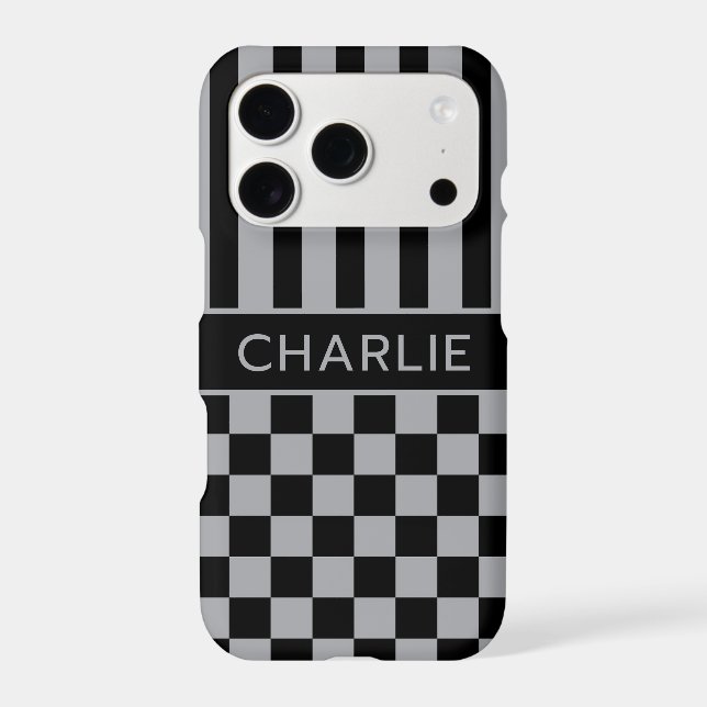 Black and Grey Chequered Striped Personalized (Back)