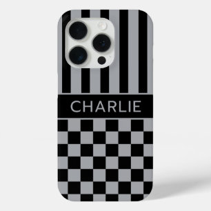 Black and Grey Chequered Striped Personalized iPhone 15 Pro Case