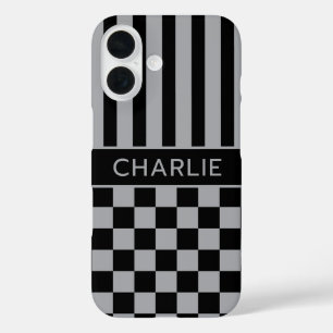 Black and Grey Chequered Striped Personalized iPhone 16 Case