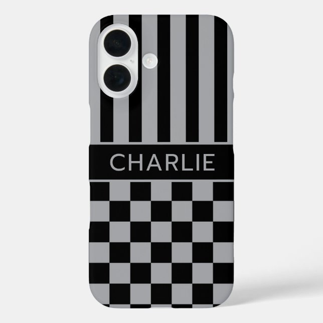 Black and Grey Chequered Striped Personalized Case-Mate iPhone Case (Back)