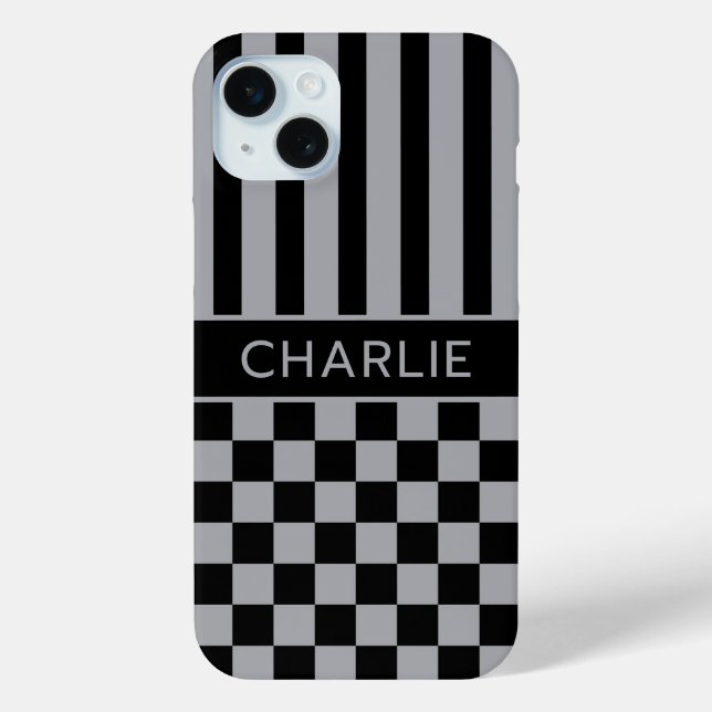 Black and Grey Chequered Striped Personalized Case-Mate iPhone Case (Back)