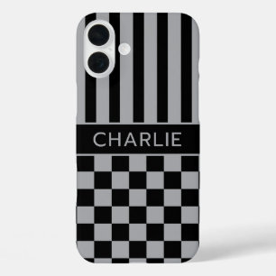 Black and Grey Chequered Striped Personalized iPhone 16 Plus Case