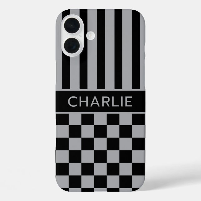 Black and Grey Chequered Striped Personalized Case-Mate iPhone Case (Back)