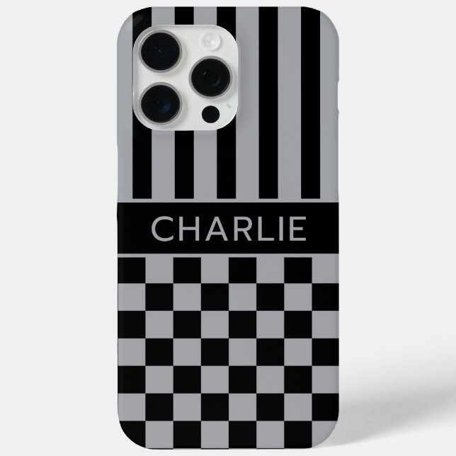 Black and Grey Chequered Striped Personalized Case-Mate iPhone Case (Back)