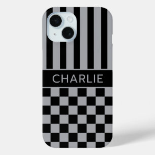 Black and Grey Chequered Striped Personalized iPhone 15 Case