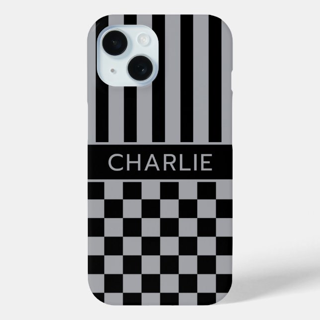 Black and Grey Chequered Striped Personalized Case-Mate iPhone Case (Back)