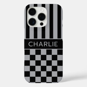 Black and Grey Chequered Striped Personalized iPhone 16 Pro Case