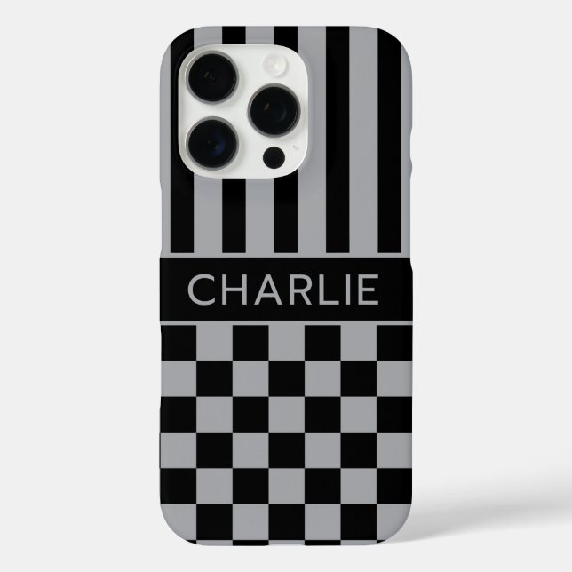 Black and Grey Chequered Striped Personalized Case-Mate iPhone Case (Back)