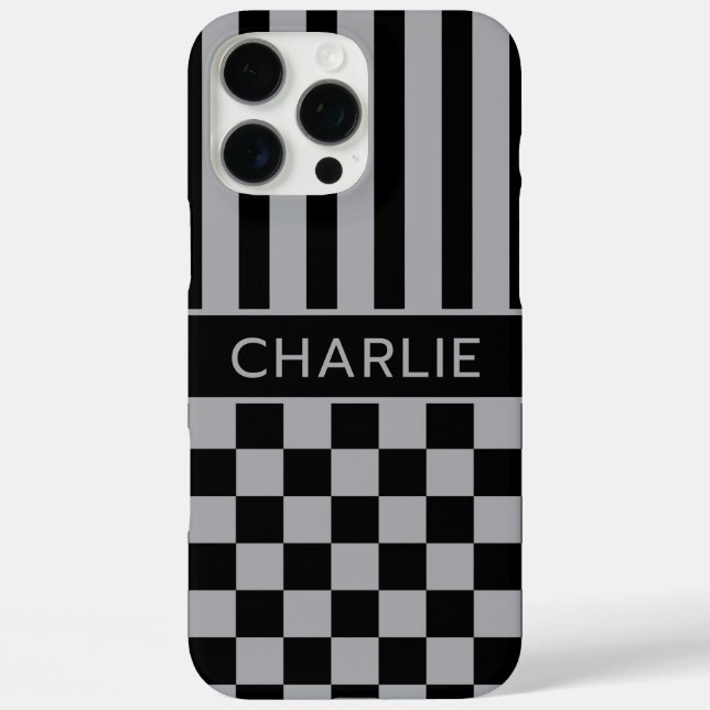 Black and Grey Chequered Striped Personalized Case-Mate iPhone Case (Back)