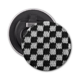 Black and Grey Chess Board Squares Crochet Print Bottle Opener