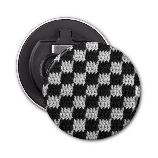 Black and Grey Chess Board Squares Crochet Print Bottle Opener (Front)
