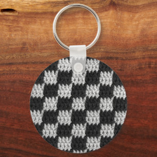 Black and Grey Chessboard Squares Crochet Print on Keychain