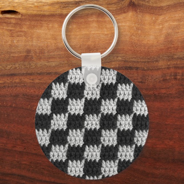 Black and Grey Chessboard Squares Crochet Print on Keychain (Front)