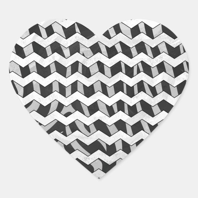 Black and Grey Chevron Zebra pattern Heart Sticker (Front)
