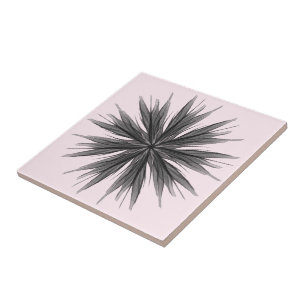 Black And Grey Circular Spray Of Feathered Leaves Tile