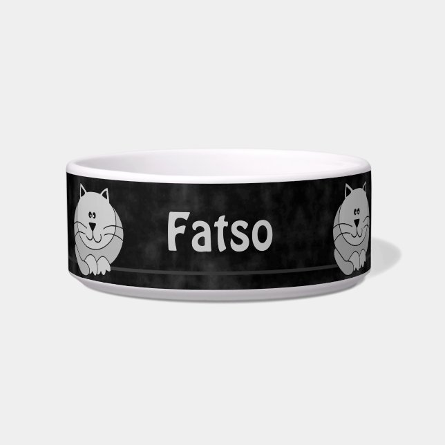 Black and Grey Cute Fat Cat Personalized Pet Bowl (Front)