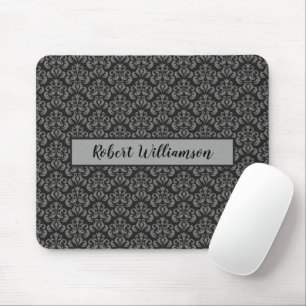 Black and Grey Damask Monogrammed Mouse Pad