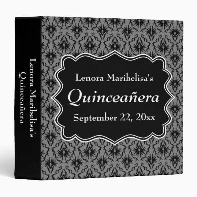 Black and Grey Damask Pattern Quinceanera Binder (Front/Spine)