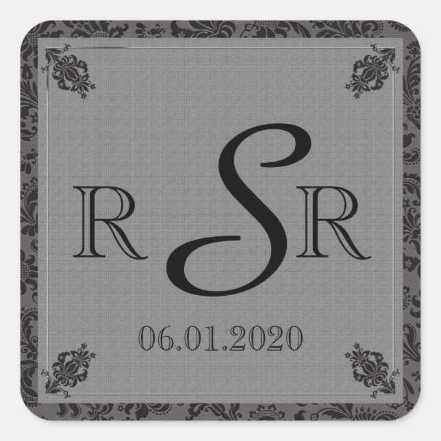 Black and Grey Damask Wedding Monogram Square Sticker (Front)