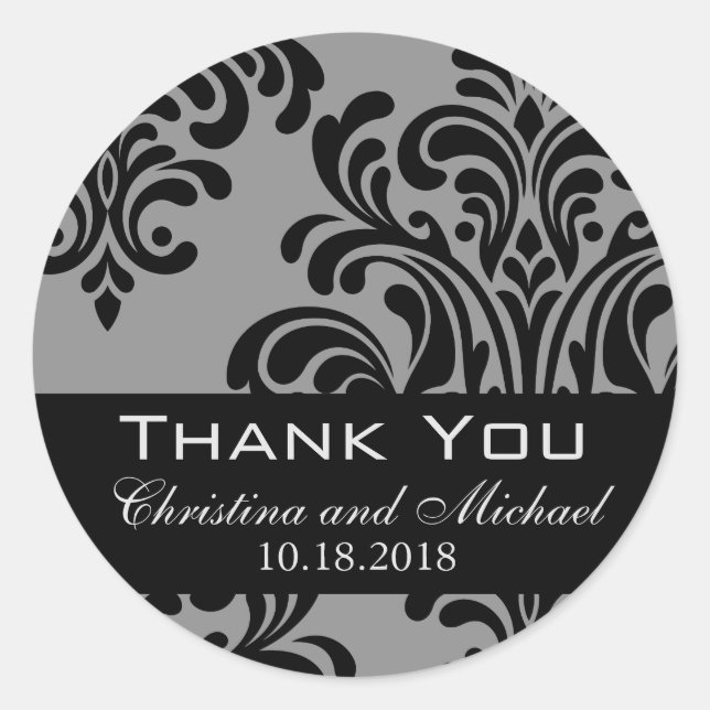 Black and Grey Damask Wedding Thank You Classic Round Sticker (Front)