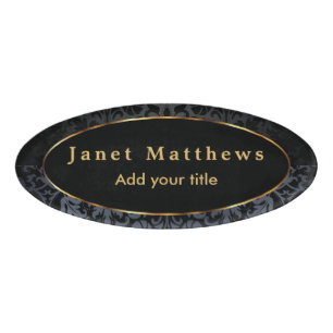 Black and Grey Damask with Gold Trim Design Name Tag