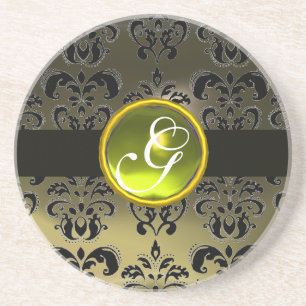 BLACK AND GREY DAMASK Yellow Topaz Monogram Coaster