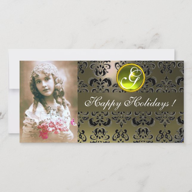 BLACK AND GREY DAMASK Yellow Topaz Monogram Holiday Card (Front)