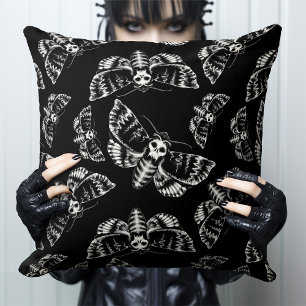 Black and Grey Deaths Head Hawk Moth Gothic Skull Throw Pillow