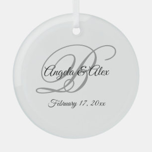 Black and Grey Fancy Script Monogram Glass Ornament